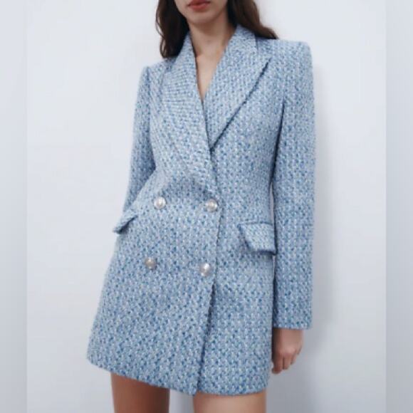 Zara Textured Double-breasted Blazer Blue White 8741/725 - large - Picture 5 of 11